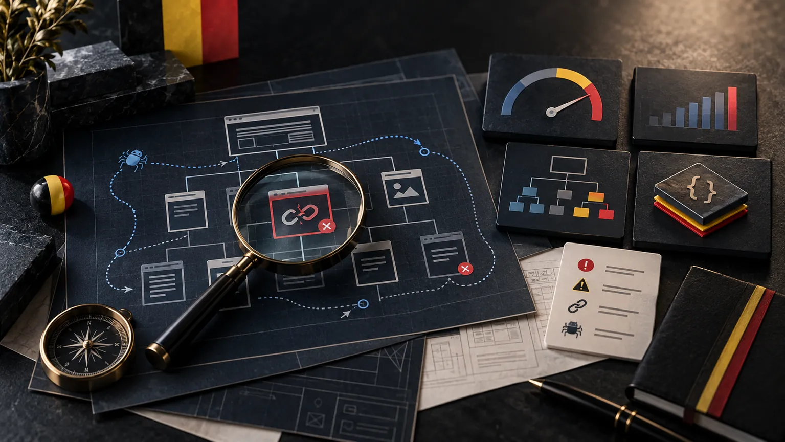 Plan technique d’un site web analysé à la loupe pour repérer les blocages SEO