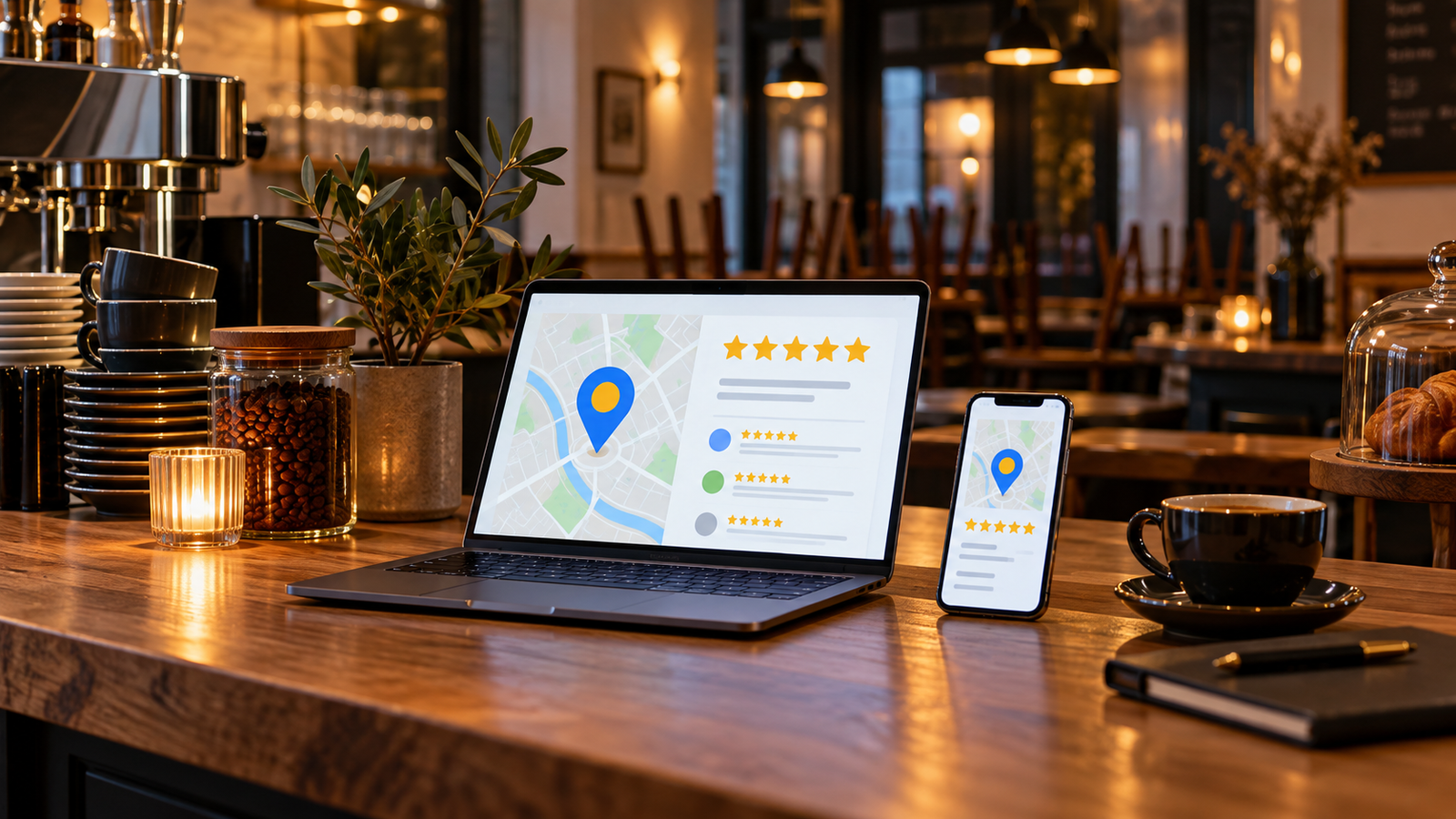 Ordinateur et smartphone présentant une carte locale et des avis clients pour un commerce belge