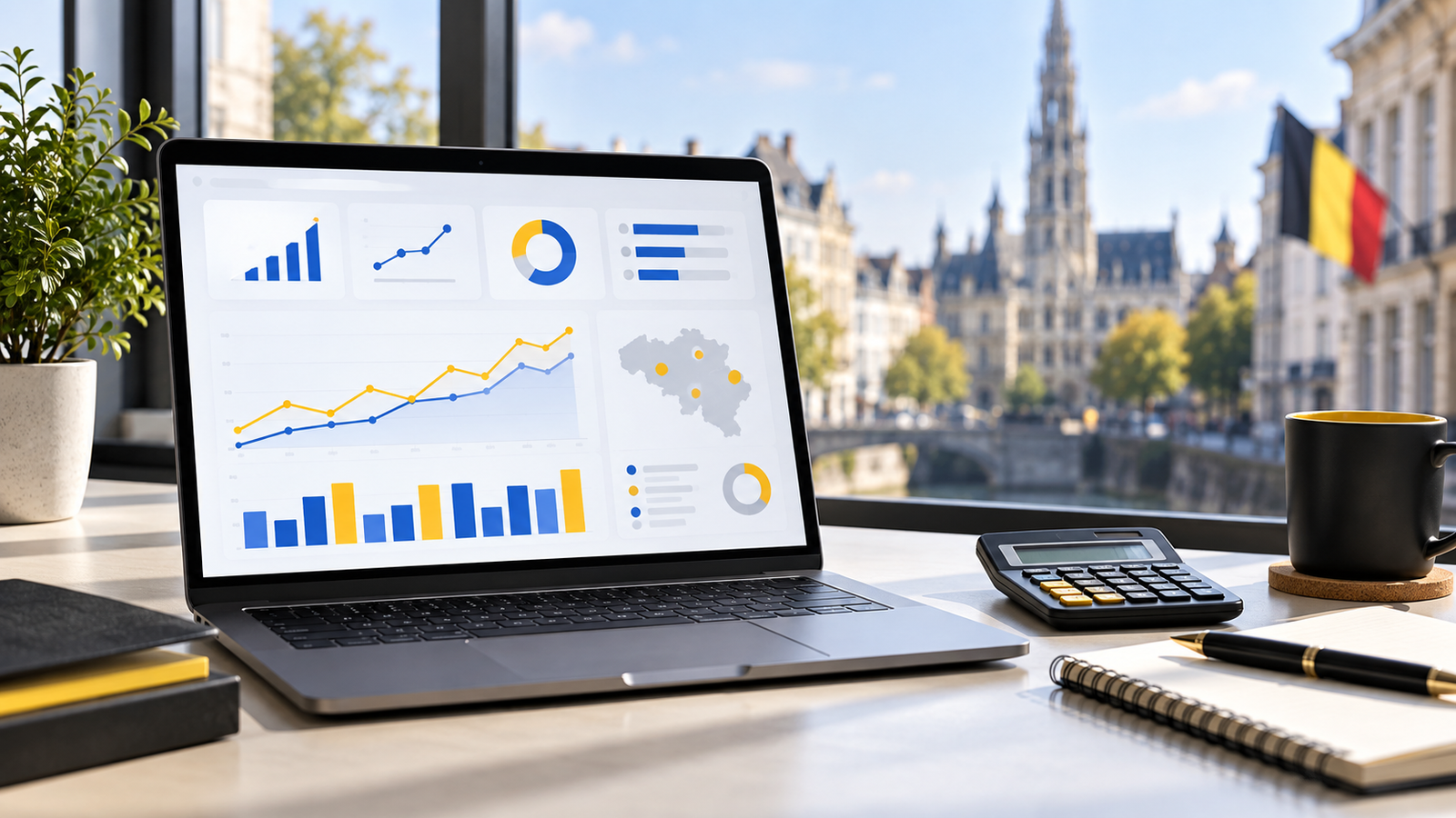 Tableau de suivi publicitaire et calculatrice dans un bureau belge