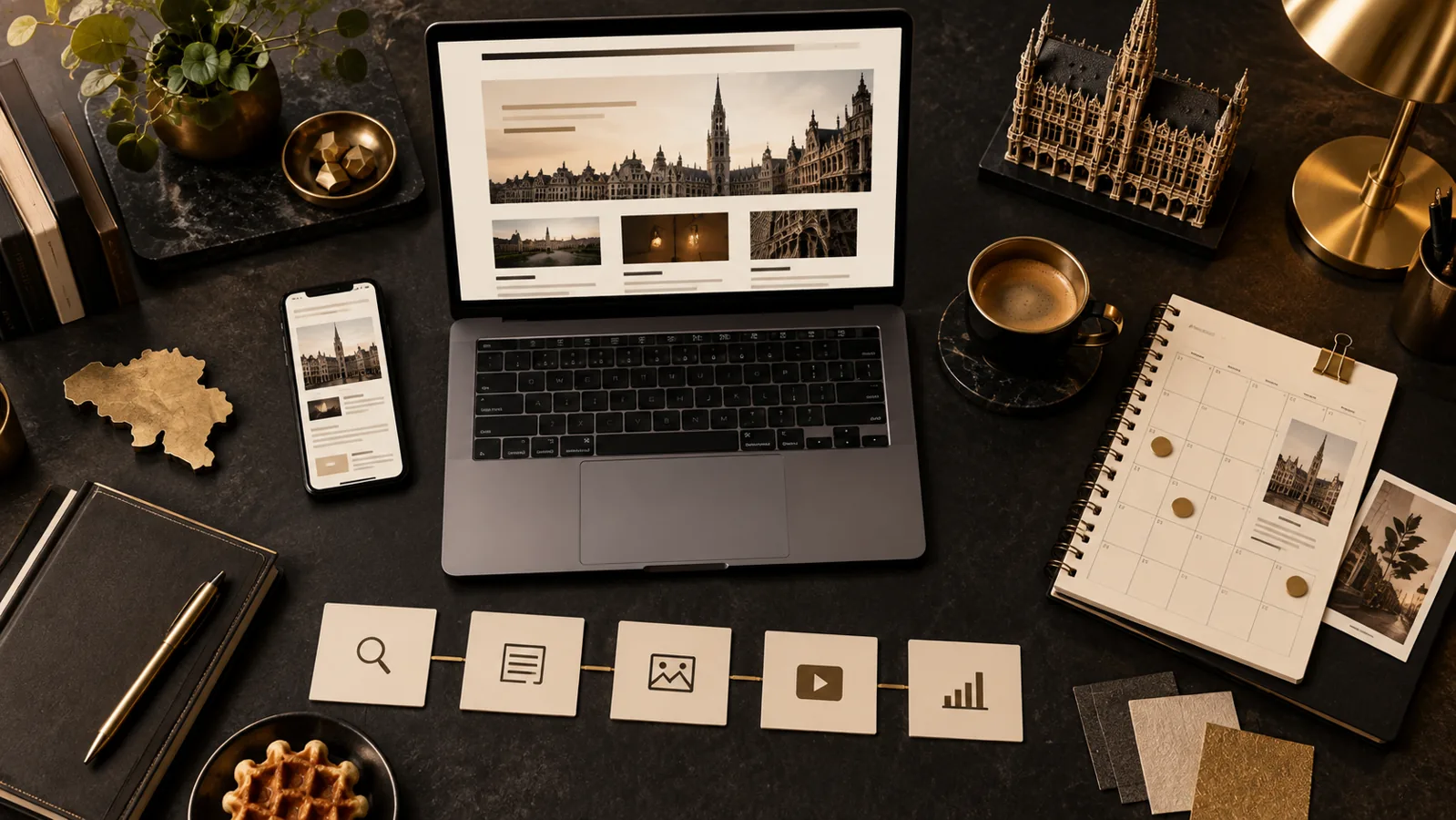 Bureau premium avec ordinateur et calendrier pour planifier les contenus d'une PME belge