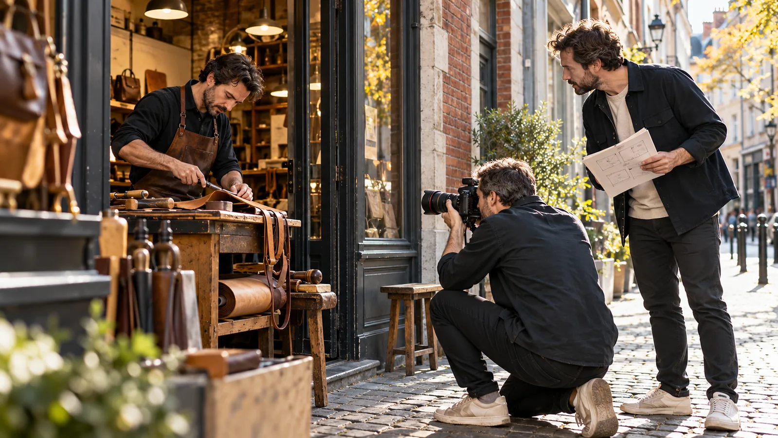 Photographe et directeur créatif réalisant un reportage chez un artisan belge