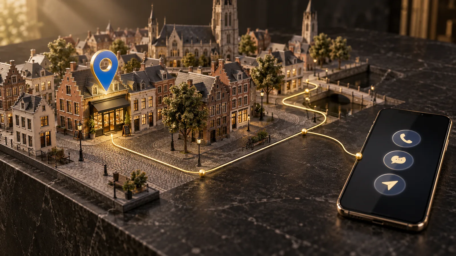Maquette d’une ville belge reliant un commerce local à des options de contact sur smartphone