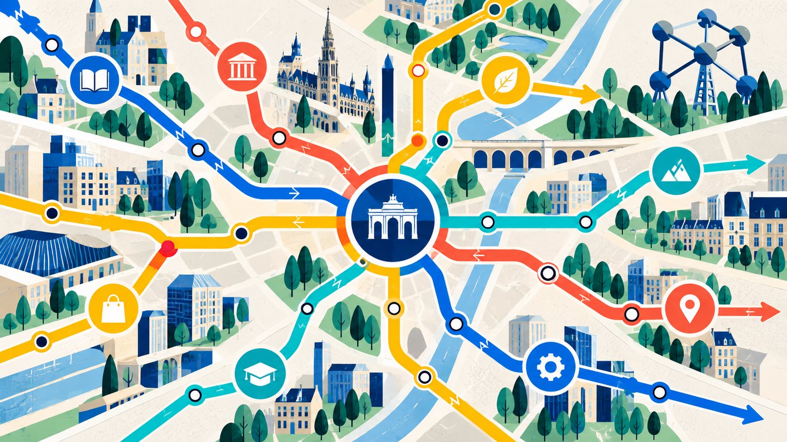 Illustration colorée d'un réseau urbain belge représentant les liens entre les pages d'un site web