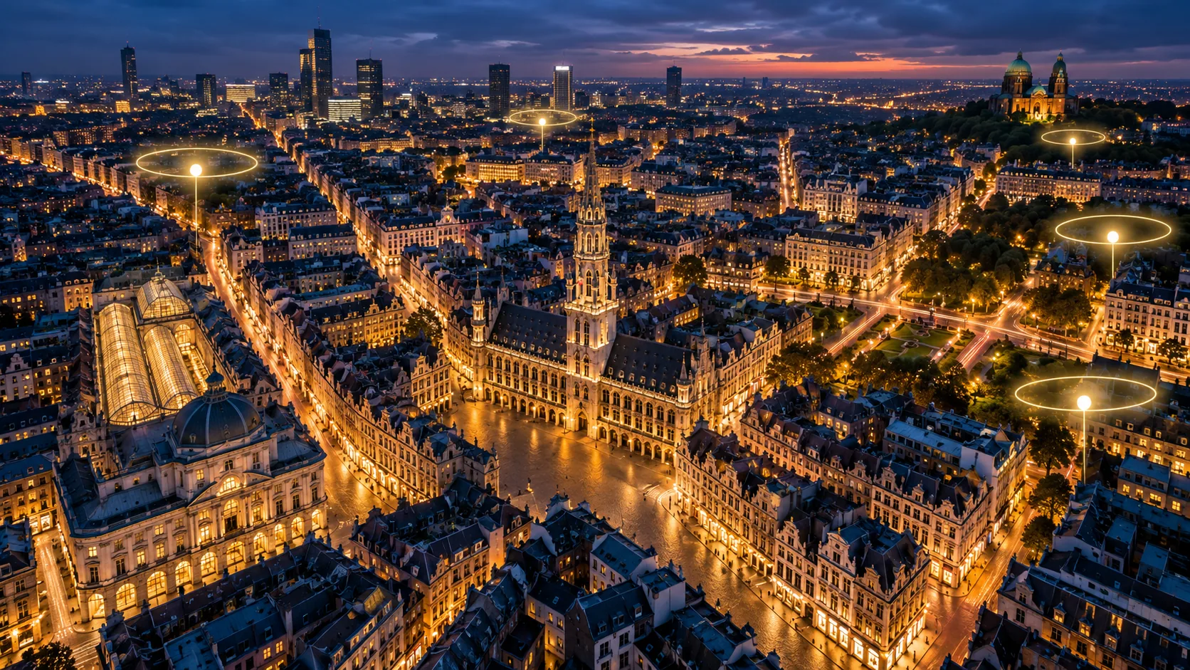 Vue aérienne nocturne de Bruxelles avec plusieurs zones de diffusion publicitaire locale